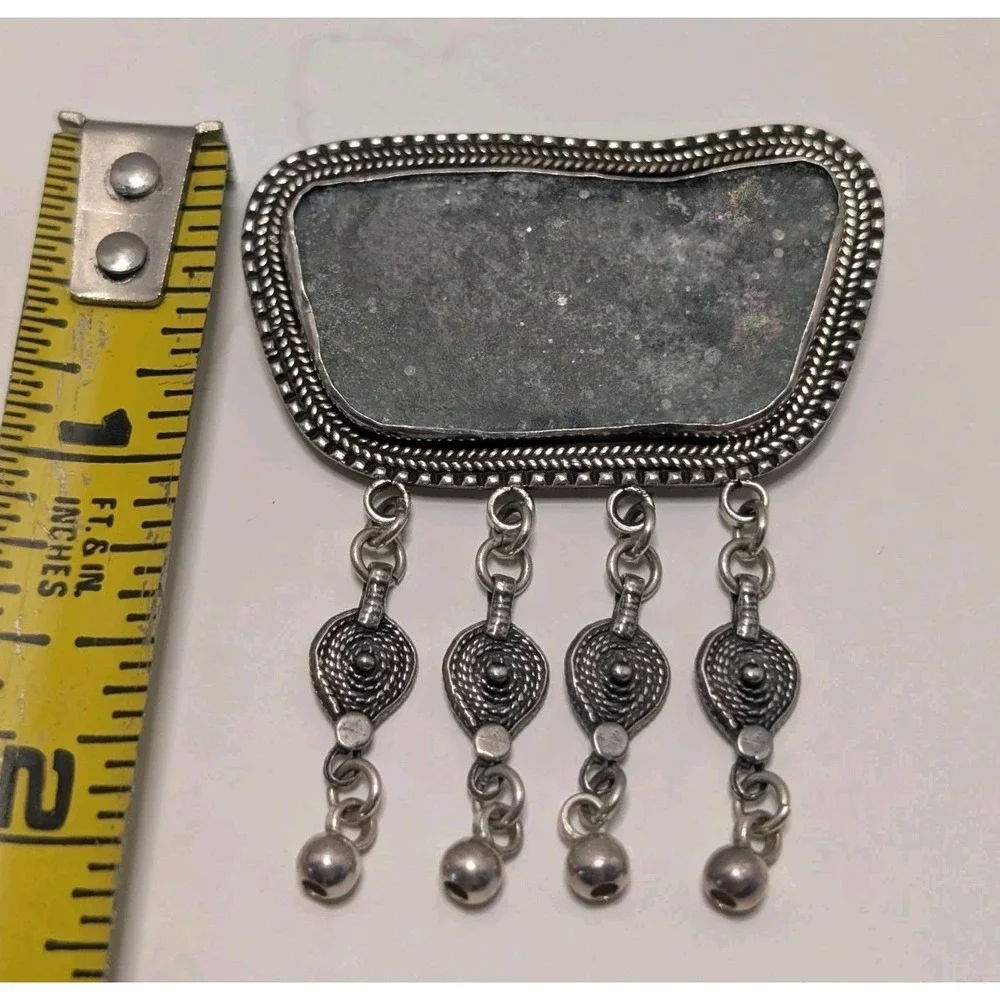 Vtg Israeli Sterling Silver 925‎ Brooch Pin Eliat stone Or Roman Glass Yemenite